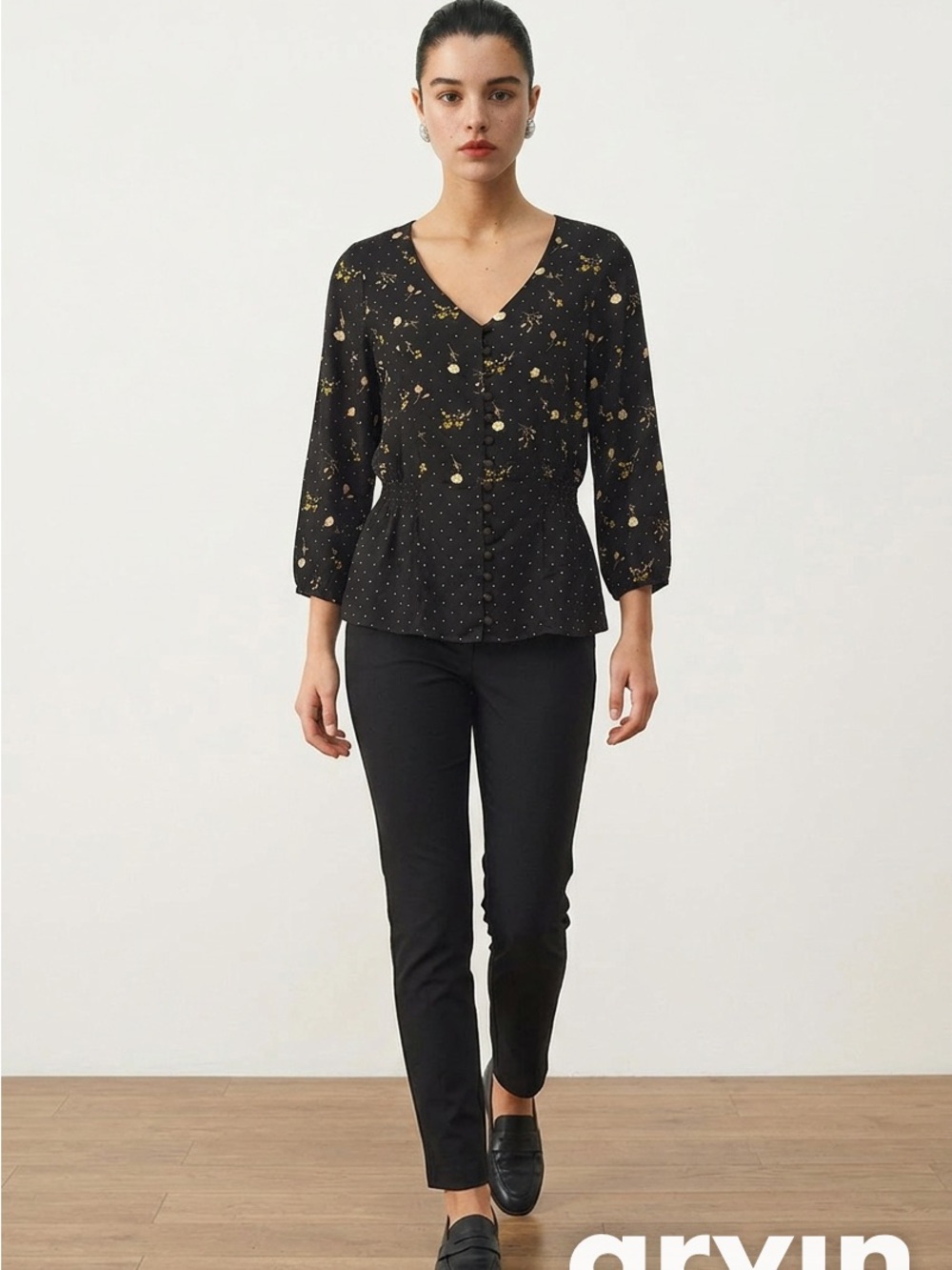 Reitmans Black V-Neck Peplum Blouse with Gold Accents